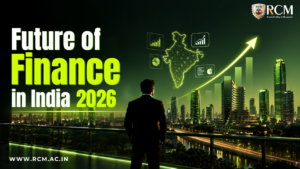 Future of finance in India featuring digital banking, FinTech, AI, blockchain, sustainable finance, innovation, and financial inclusion.