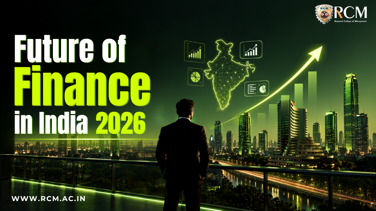 Future of finance in India featuring digital banking, FinTech, AI, blockchain, sustainable finance, innovation, and financial inclusion.