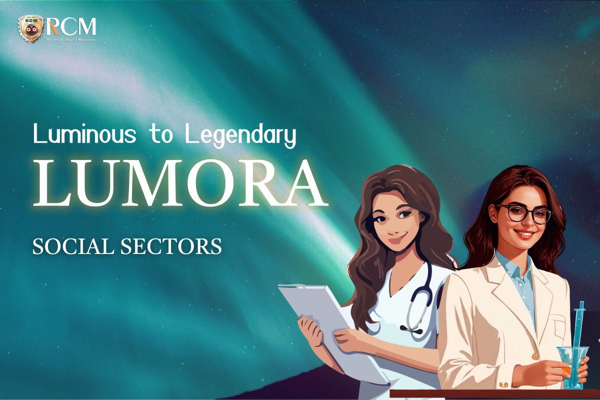 Illustration of two female professionals, a doctor and a scientist, with a luminous aurora background and the text 'LUMORA - SOCIAL SECTORS'