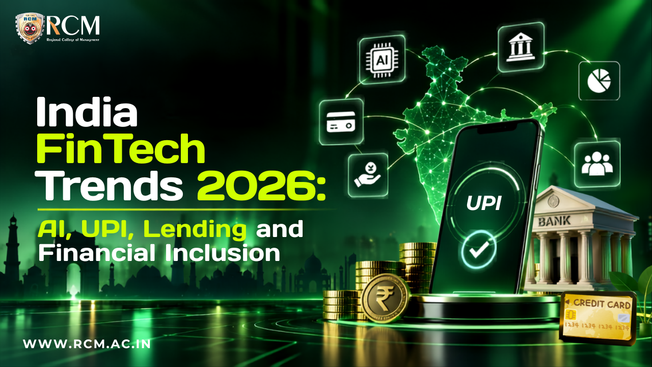 India FinTech trends in 2026 featuring digital payments, AI, blockchain, digital banking, cybersecurity, and financial inclusion.