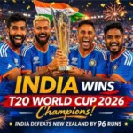 Indian cricket team celebrating with T20 World Cup trophy after defeating New Zealand in 2026 final