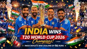 Indian cricket team celebrating with T20 World Cup trophy after defeating New Zealand in 2026 final