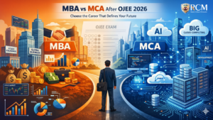 Student choosing between MBA and MCA after OJEE with business and technology career paths