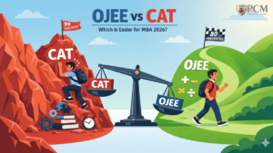 Split screen illustration comparing OJEE vs CAT difficulty for MBA 2026.