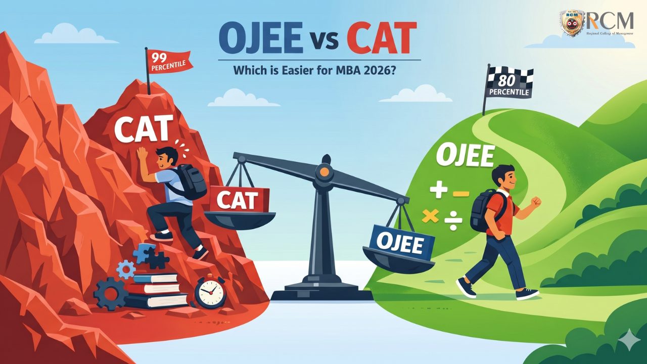 Split screen illustration comparing OJEE vs CAT difficulty for MBA 2026.