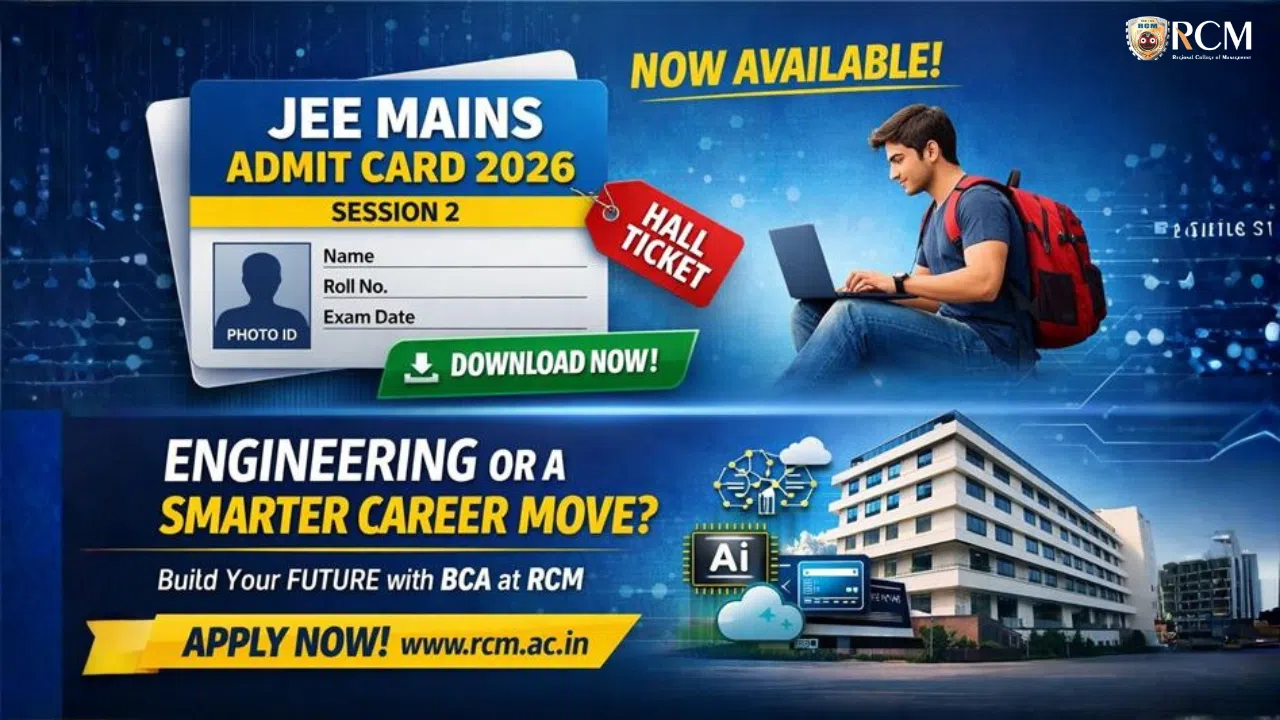 JEE Mains Admit Card 2026 Session 2 download banner with BCA career option at RCM