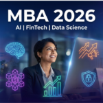 MBA student with AI, fintech, data science and digital marketing career icons in a futuristic setting
