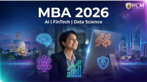 MBA student with AI, fintech, data science and digital marketing career icons in a futuristic setting