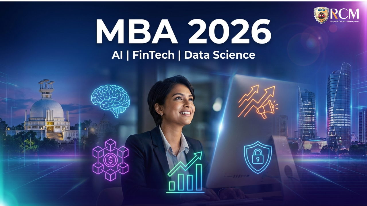 MBA student with AI, fintech, data science and digital marketing career icons in a futuristic setting