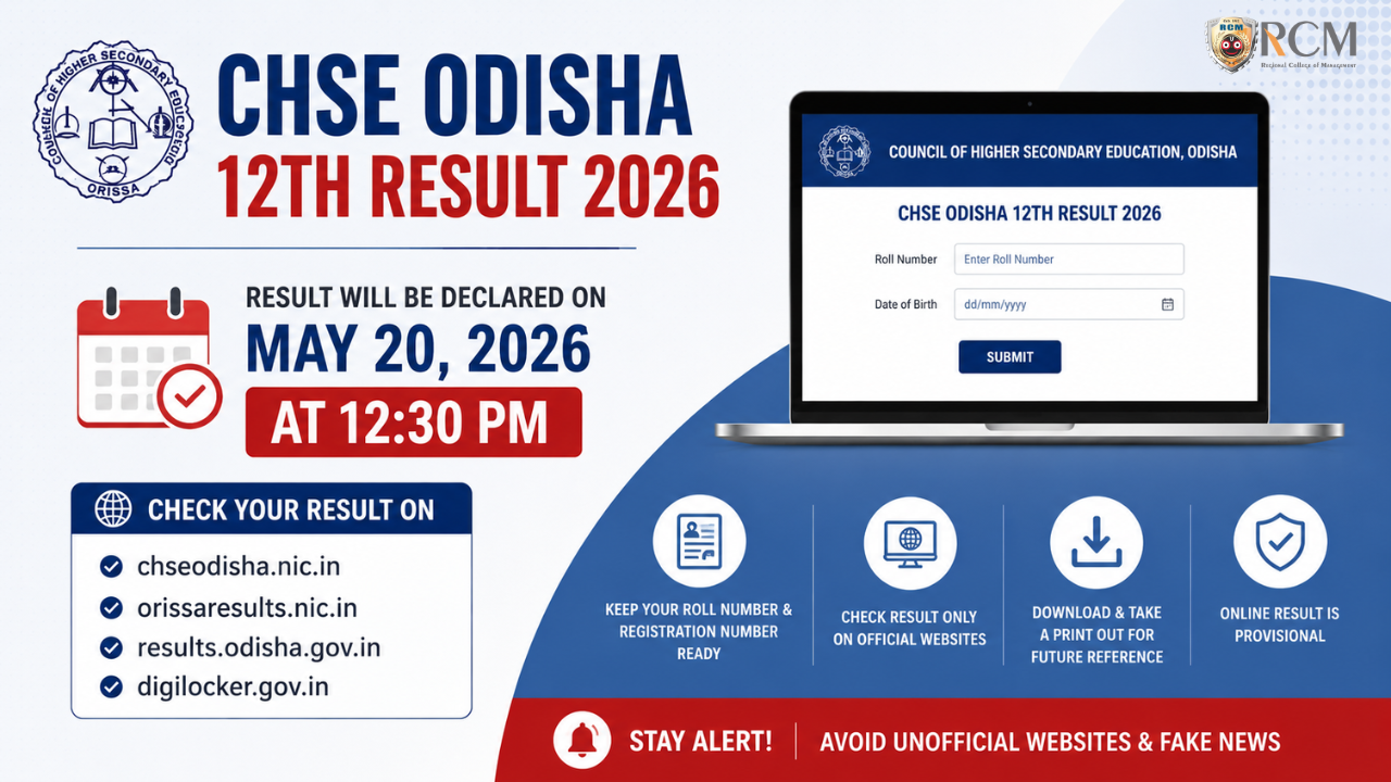 CHSE Odisha 12th Result 2026 announcement banner with official result date May 20, 2026 at 12:30 PM