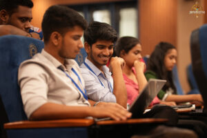 Participants engaged in a strategic conversation during the BID TO WIN stock market simulation at RCM’s Brahmastra 2025.