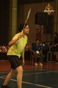 Badminton singles match during Kurukshetra event at Brahmastra 2025 college fest, RCM Bhubaneswar