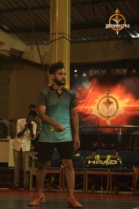 Badminton match in action under Kurukshetra, Brahmastra 2025 college fest at RCM Bhubaneswar