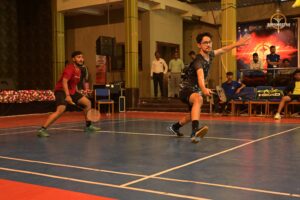 Badminton match in action during Kurukshetra segment of Brahmastra 2025 college fest at RCM