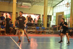 Badminton mixed doubles match action during Kurukshetra event of Brahmastra 2025 college fest at RCM