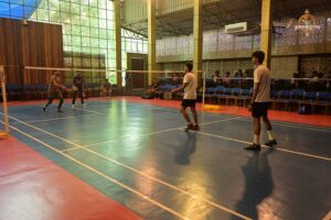 Badminton singles match under Kurukshetra event of Brahmastra 2025 college fest at RCM