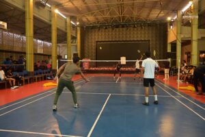 Badminton mixed doubles match under Kurukshetra event of Brahmastra 2025 college fest at RCM Bhubaneswar