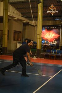 Badminton singles match at Kurukshetra, Brahmastra 2025 college fest at RCM