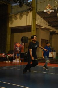 Badminton singles match in action during Kurukshetra event at Brahmastra 2025, RCM Bhubaneswar