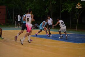 Basketball players competing intensely during Brahmastra 2025 at RCM Bhubaneswar