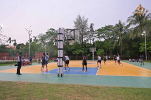 students competing in an intense basketball match during Brahmastra 2025 Kurukshetra event