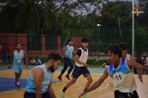 Basketball players in action during Brahmastra 2025 at Regional College of Management, Bhubaneswar