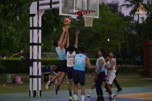 Basketball players in action during Brahmastra 2025 at Regional College of Management, Bhubaneswar