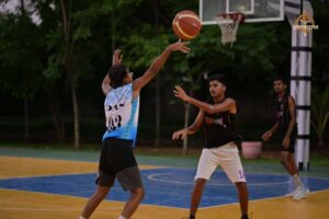 Basketball match action during Kurukshetra sports event at Brahmastra 2025, RCM Bhubaneswar