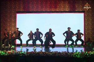 Participants performing vibrant group dance at Brahmastra, India’s best college festival, RCM Bhubaneswar.