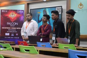 Students explaining innovative AI project to judges during Brahmastra, India's best college tech festival event.