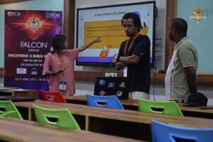 Student participant explains AI project during HackForge event at Brahmastra, best college festival in India.