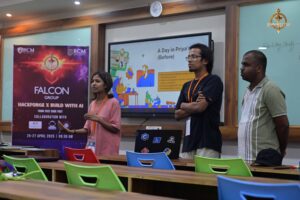 Student presenting AI project on stage during Brahmastra, India's top management college festival event.