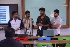 Students present their AI-based project on stage at Brahmastra, the best college festival in India 2025.