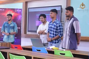 Students on stage presenting projects during HackForge at Brahmastra, the best college festival in India by RCM.