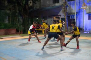 “Men’s Kabaddi players from two college teams engaged in action during the Kurukshetra event at Brahmastra 2025.”