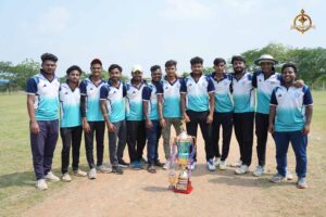 Winning team from Autonomous College celebrates victory at Ranbhoomi Cricket Tournament, Brahmastra 2025, holding trophy with pride.