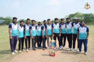 Winning team of Autonomous College celebrating Ranbhoomi Cricket victory with trophy at Brahmastra 2025