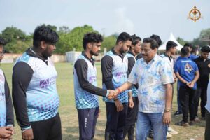 Sponsor shaking hands with players during Brahmastra 2025 Kurukshetra event at RCM.