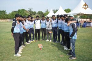 Players standing together in a group, engaged in a pre-match discussion at Brahmastra 2025 – Kurukshetra event.