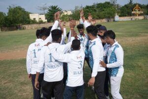Players competing in Ranbhoomi intercollege cricket match at Brahmastra 2025 at Railway Sports Complex