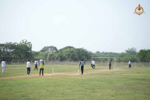 Cricket players in action during Ranbhoomi at Brahmastra 2025 intercollege tournament at Railway Sports Complex