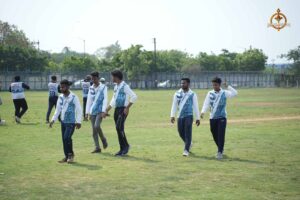 Intercollege cricket match in action during Ranbhoomi at Brahmastra 2025 at Railway Sports Complex