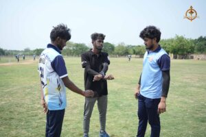 "Intercollege cricket match at Ranbhoomi during Brahmastra 2025, players in action at Railway Sports Complex"