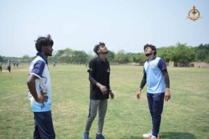 Cricket team captains during the toss at Ranbhoomi, the intercollege cricket tournament at Brahmastra 2025.