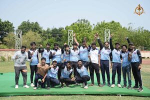 Group of college cricket players posing together at Brahmastra 2025 Ranbhoomi tournament