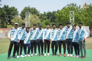 Group of intercollege cricket players posing together during Brahmastra 2025 Ranbhoomi tournament