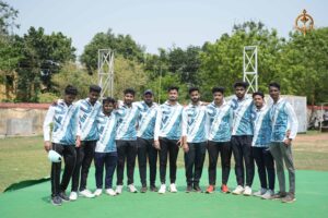 Group of intercollege cricket players posing together during Brahmastra 2025 Ranbhoomi tournament