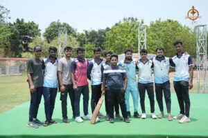Group of intercollege cricket players posing together at Ranbhoomi during Brahmastra 2025