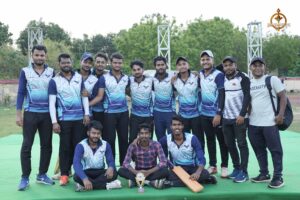 Group of intercollege cricket players posing together during Brahmastra 2025 Ranbhoomi tournament.