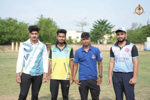 Group of intercollege cricket players posing post-match during Ranbhoomi at Brahmastra 2025, showcasing team spirit and sportsmanship.